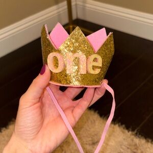 Gold Glitter 'One' Birthday Crown with Pink Lining